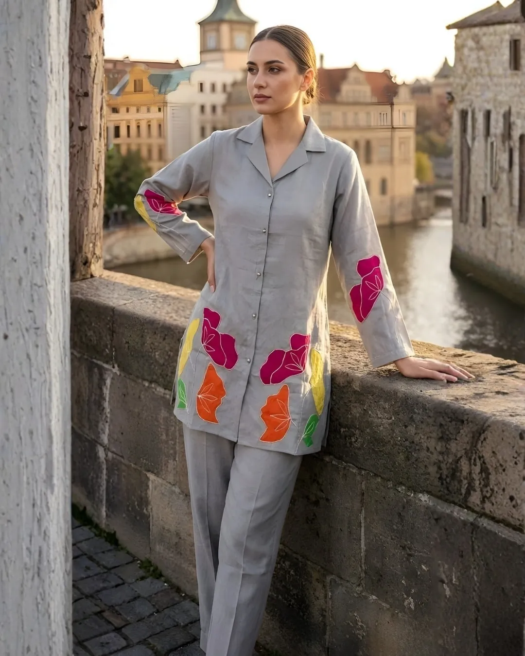 Floral Accent Grey Co-Ord Set