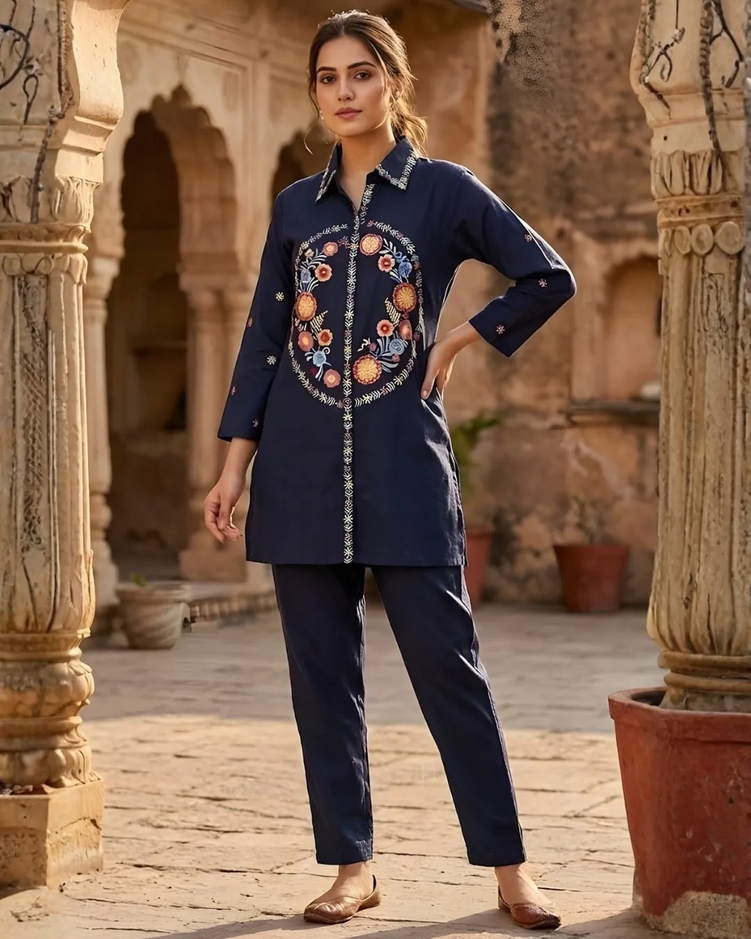 Embroidered Navy Floral Co-Ord Set